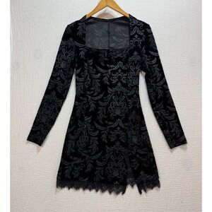 Unbranded Velvet Damask Mini Dress Women S Black Goth Lace Trim Slit Long Sleeve